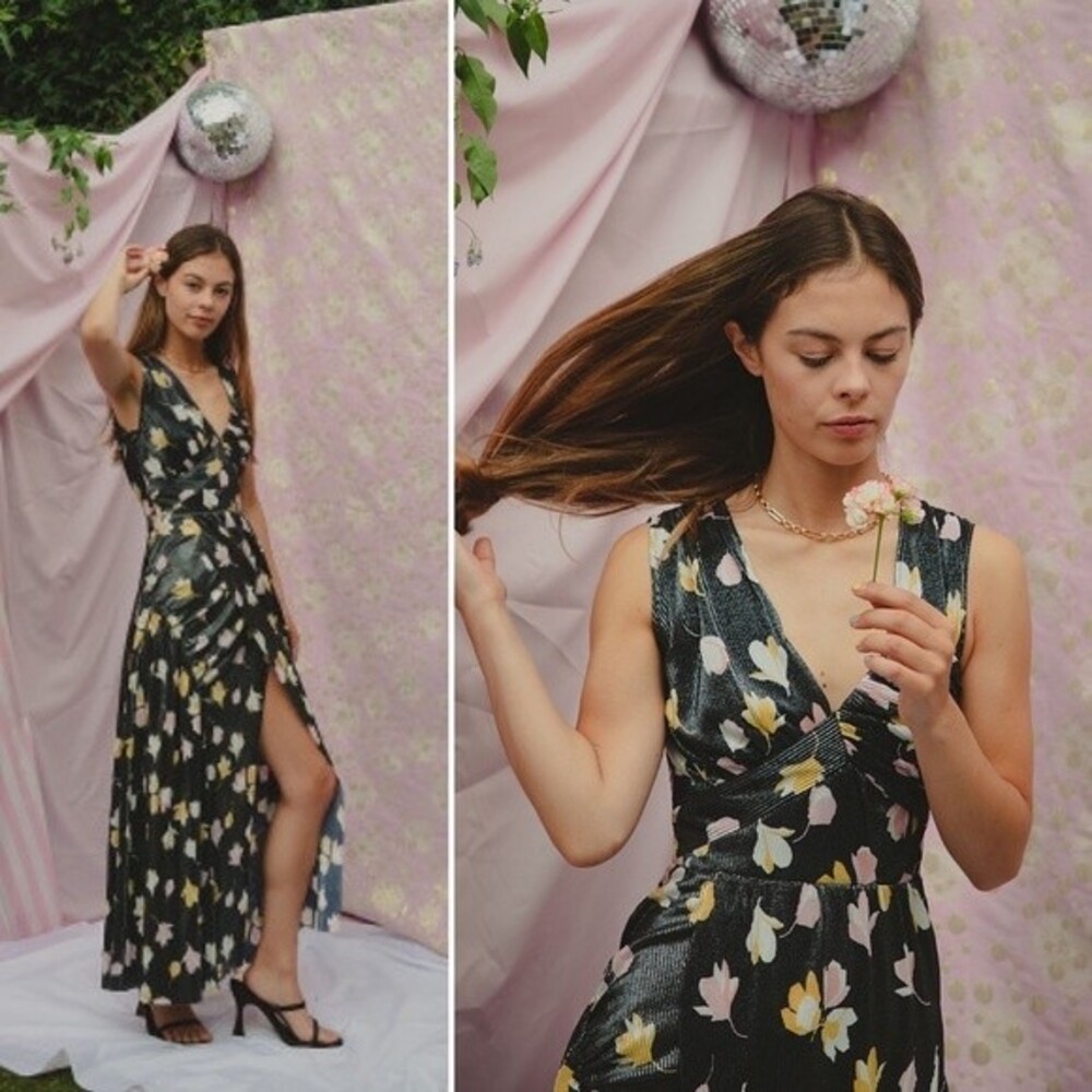 Self-Portrait Floral Printed Plisse Dress Metallic Midi Black Pink Yellow Size 2